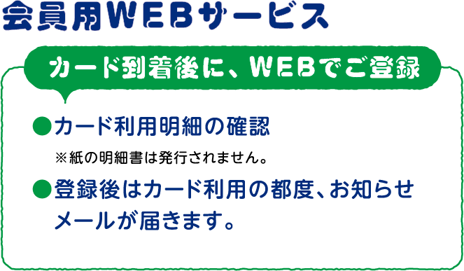 会員用WEBサービスカード到着後に、WEBでご登録 カード利用明細の確認 ※紙の明細書は発行されません。登録後はカード利用の都度、お知らせメールが届きます。