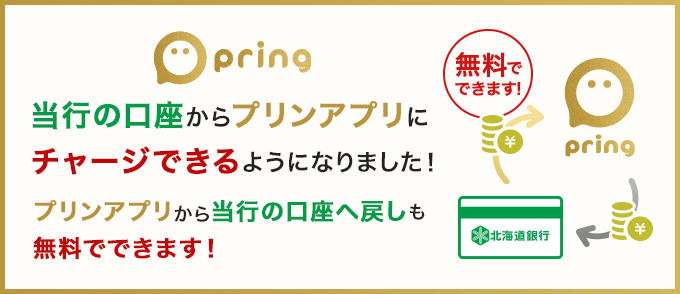 「pring（プリン）」当行の口座からプリンアプリにチャージできるようになりました！プリンアプリから当行の口座へ戻しも無料でできます！